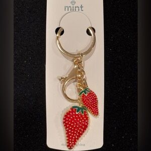 BAG CHARM Mint Gold Tone Red Strawberry Keychain